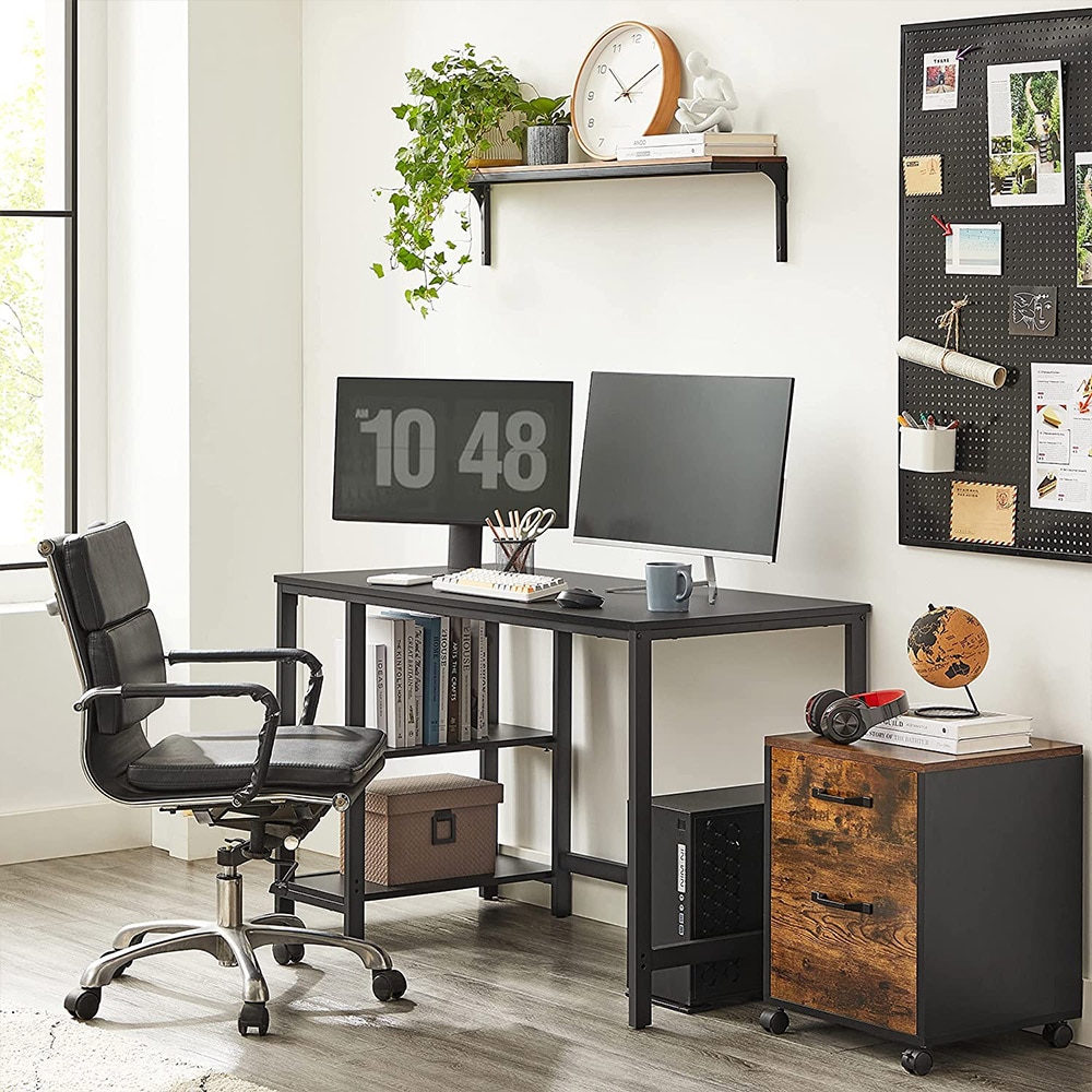 Svart skrivebord med hyller og metallramme - 120 x 60 x 76 cm
