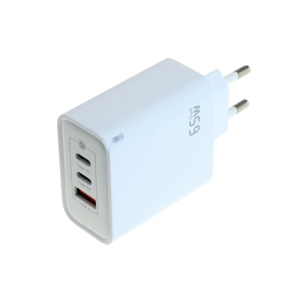 USB-lader med GaN-teknologi, 2x USB-C PD og 1x USB-A - opptil 65 W