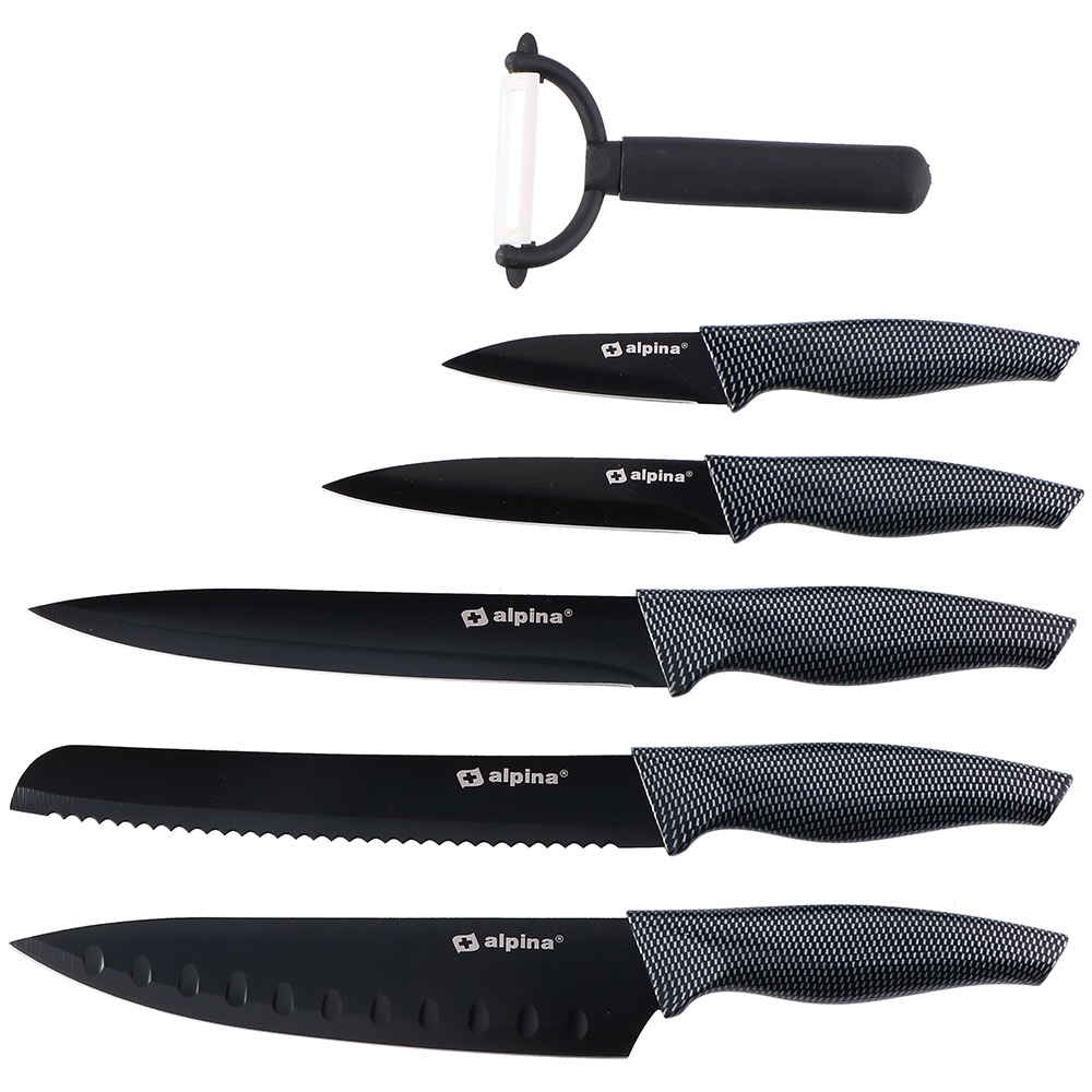 Knivsett med 5 kniver og en skreller i rustfritt stål