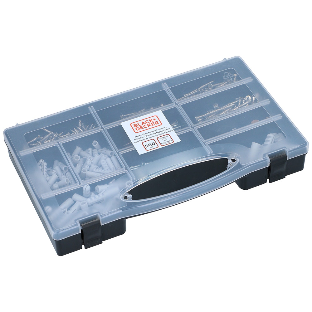 Black+Decker eske med skrue, plugg og spiker - 560 deler
