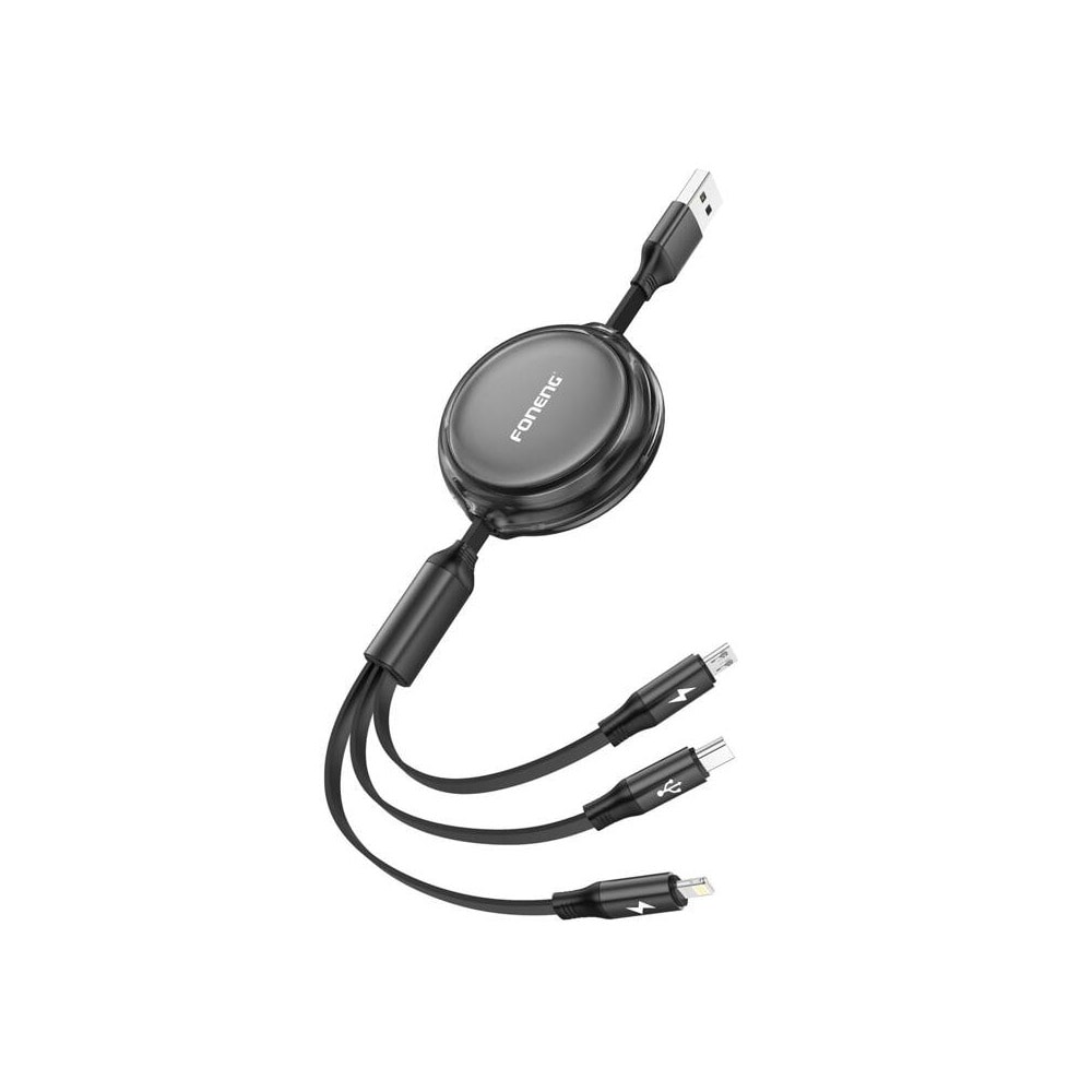 Foneng 3-i-1 uttrekkbar USB-kabel - USB til MicroUSB/USB-C/Lightning