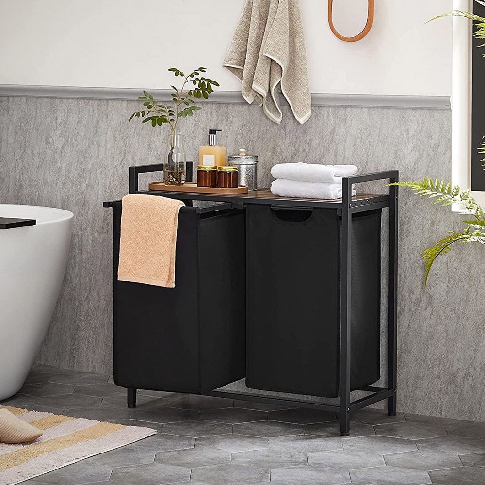 Klesvaskkurv med 2 uttrekkbare og avtakbare skittentøyposer 2x46L - Svart