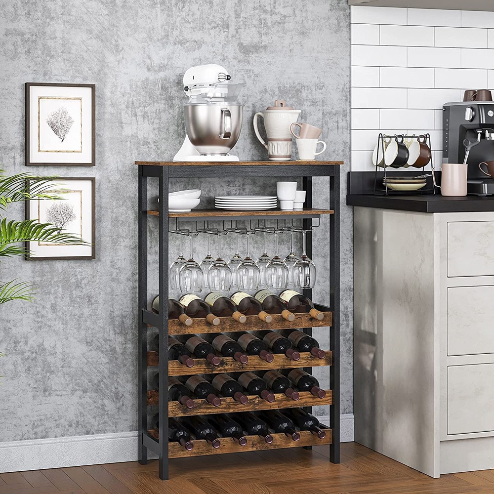 Vinreol for 24 vinflasker med glassholder - Brun/Svart