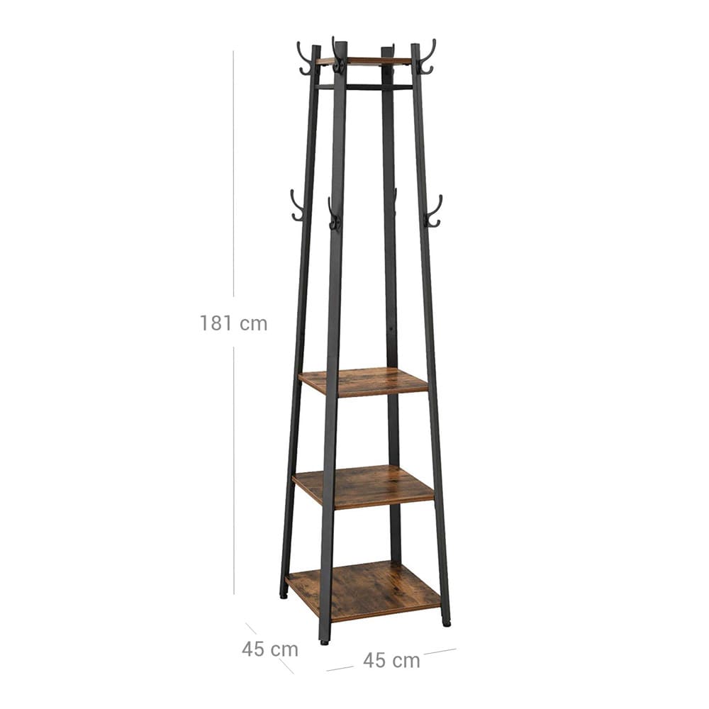 Kleshenger med 3 hyller og 8 kroker - rustikk brun / svart