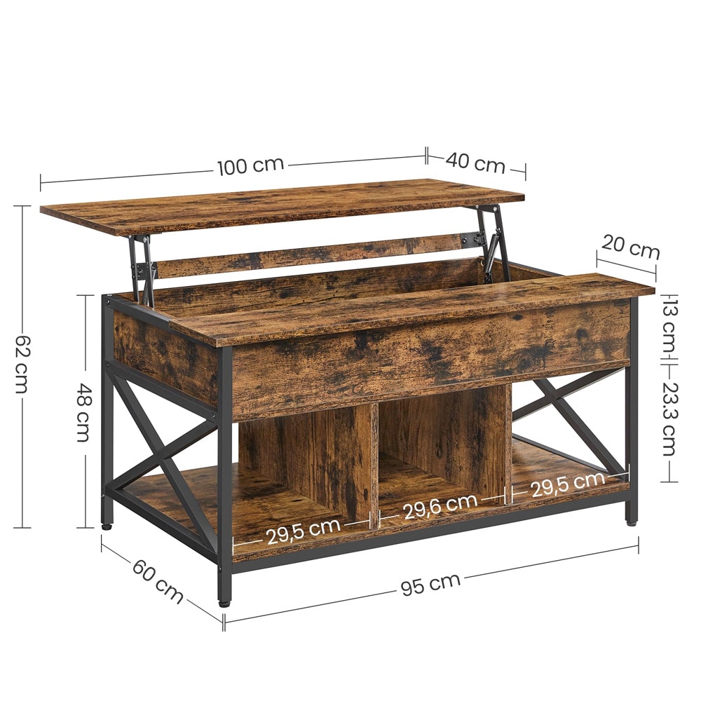 Sofabord med løftbar topp / åpen og skjult oppbevaring / 60x100cm / rustikk brun / svart