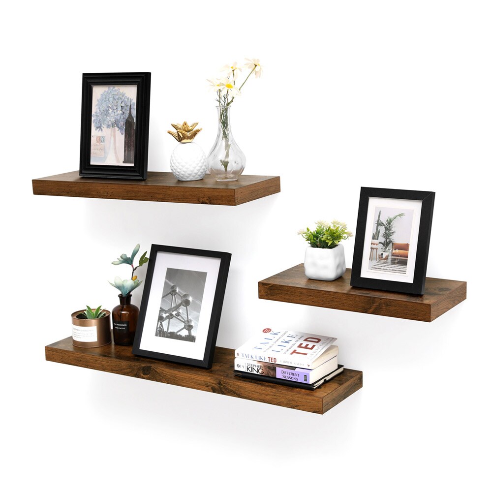 Vegghylle i tre med skjult oppheng - 40 x 20 x 3,8 cm - rustikk brun