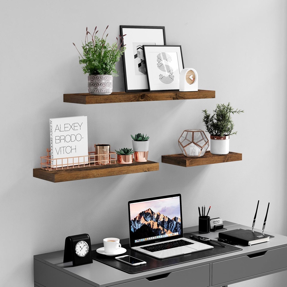 Vegghylle i tre med skjult oppheng - 80 x 20 x 3,8 cm - rustikk brun