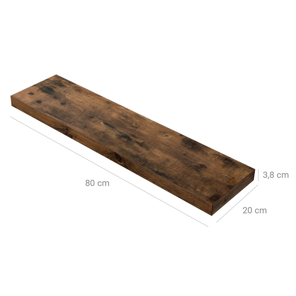 Vegghylle i tre med skjult oppheng - 80 x 20 x 3,8 cm - rustikk brun