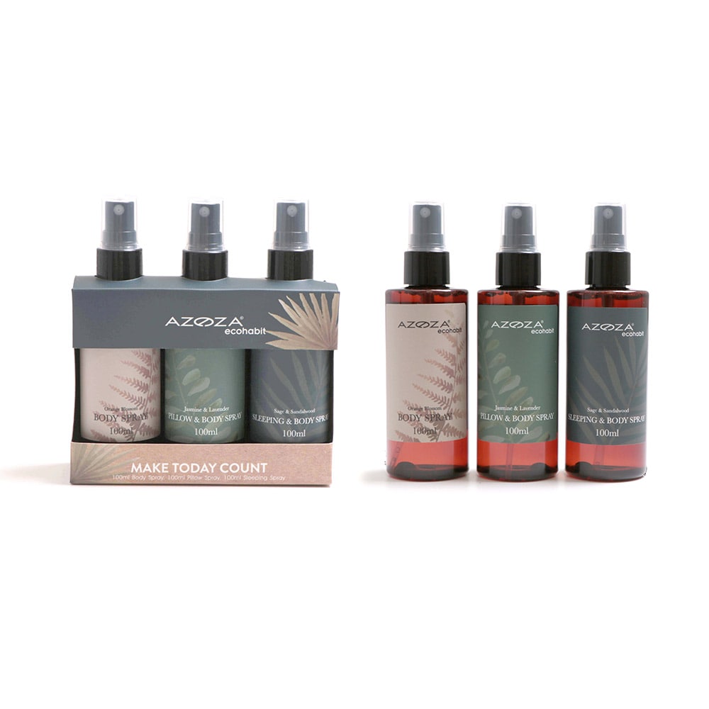 Azoza Eco aroma spray 3-pakning - kroppsspray, putespray og søvnspray, 3 x 100 ml