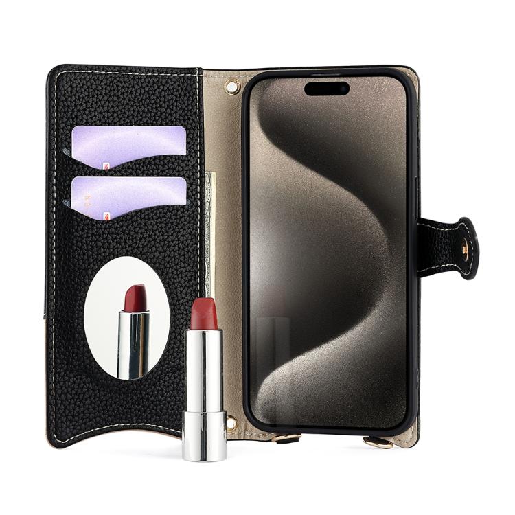 Lommebok-deksel med kjede og speil for iPhone 16 Pro Max - Svart