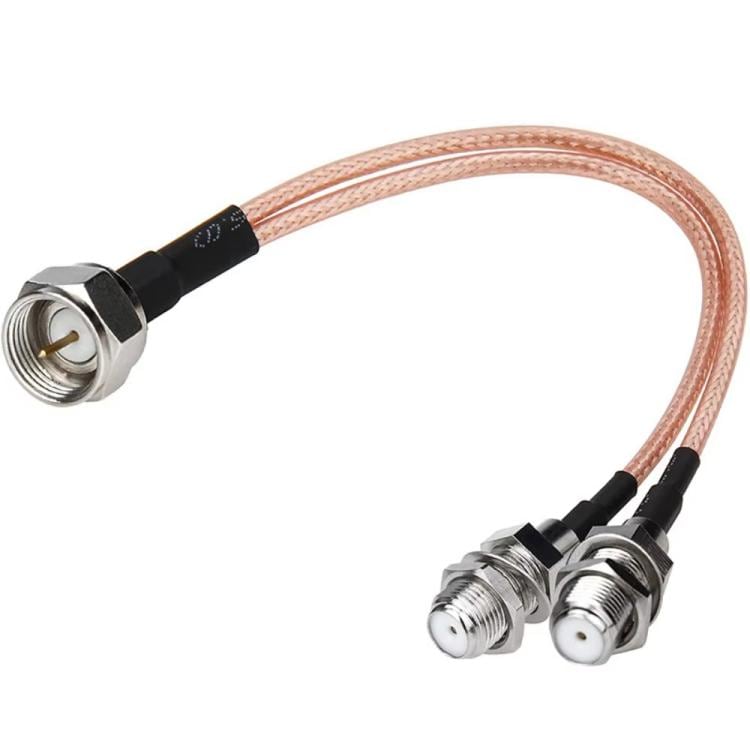 Koaksial splitter - F hann til 2x F hunn, 15 cm RG316-kabel