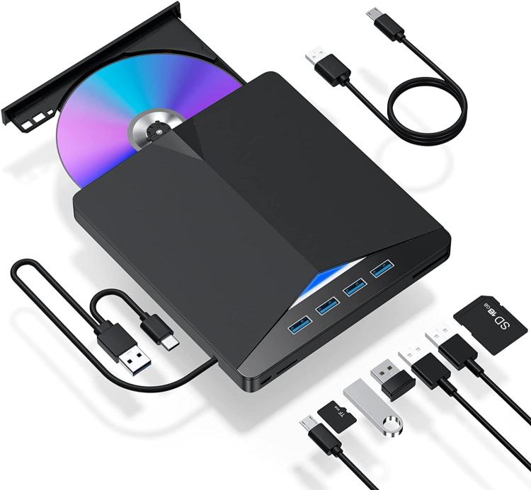 7-i-1 ekstern DVD/CD-brenner med 4× USB og SD-/microSD-kortleser