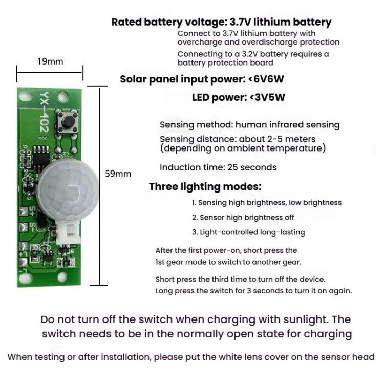 Kontrollkort med PIR-bevegelsessensor for solcellebelysning - 3,7 V