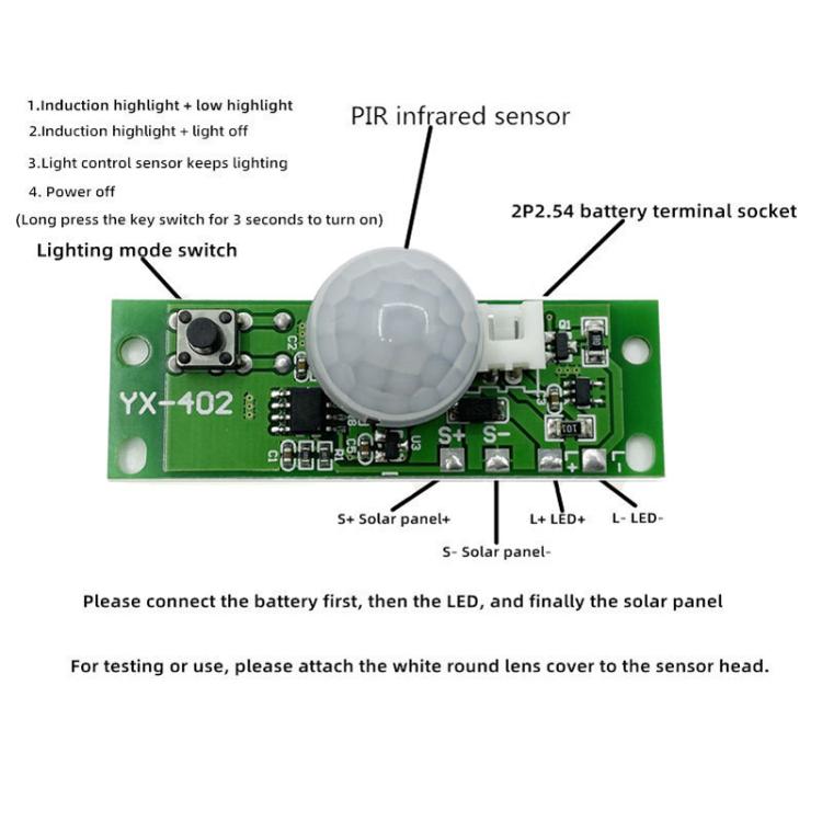 Kontrollkort med PIR-bevegelsessensor for solcellebelysning - 3,7 V