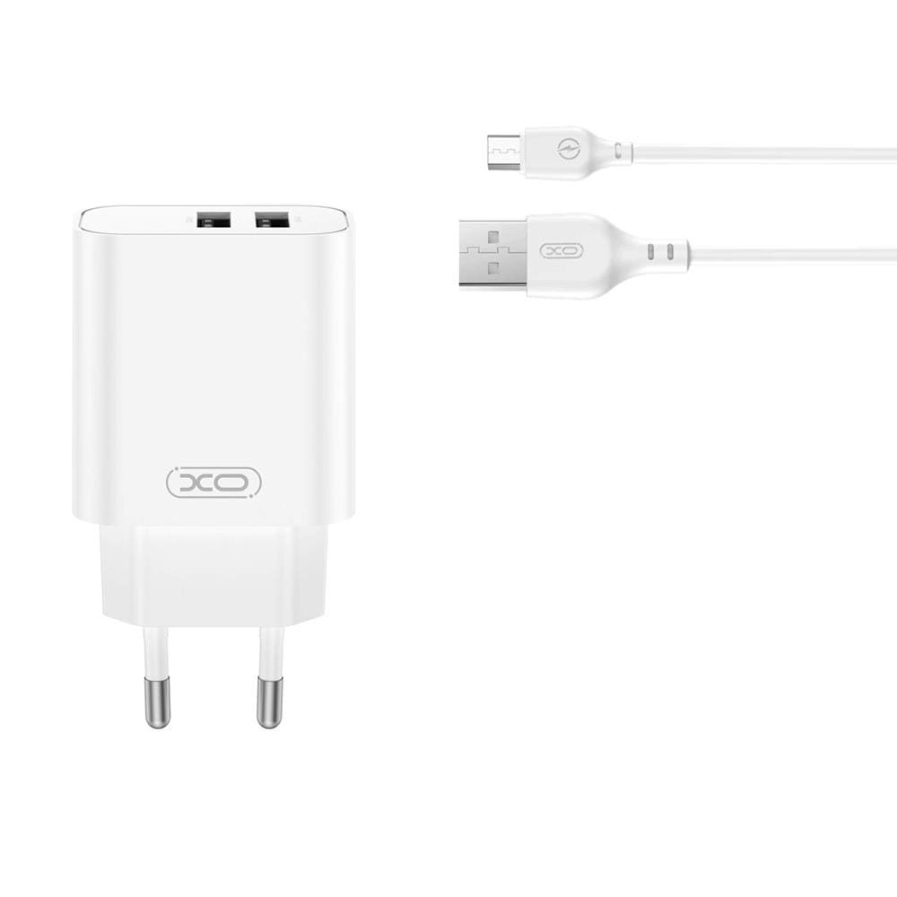 XO Vegglader med 2xUSB 2,4A + USB til MicroUSB-kabel - Hvit