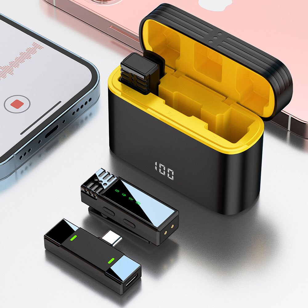Trådløs lavaliermikrofon - 2 mikrofoner med USB-C-mottaker og ladeetui