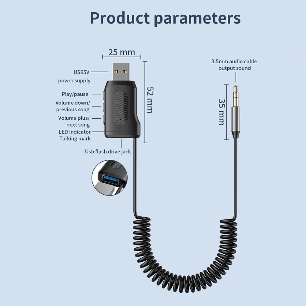 Trådløs Bluetooth 5.3 AUX-biladapter med USB