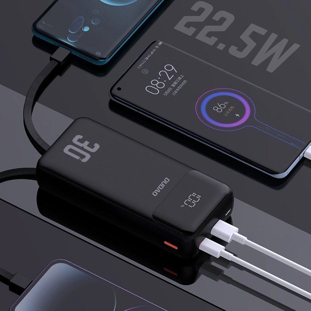 Powerbank 30000 mAh med hurtiglading og integrerte kabler – svart