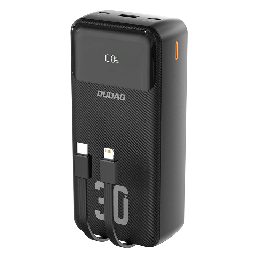 Powerbank 30000 mAh med hurtiglading og integrerte kabler – svart