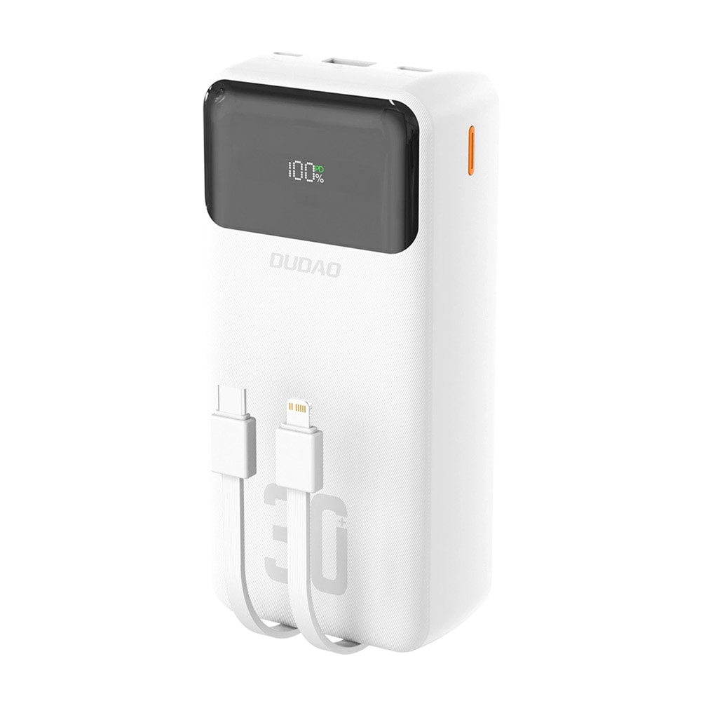 30000 mAh powerbank med hurtiglading og innebygde kabler – hvit