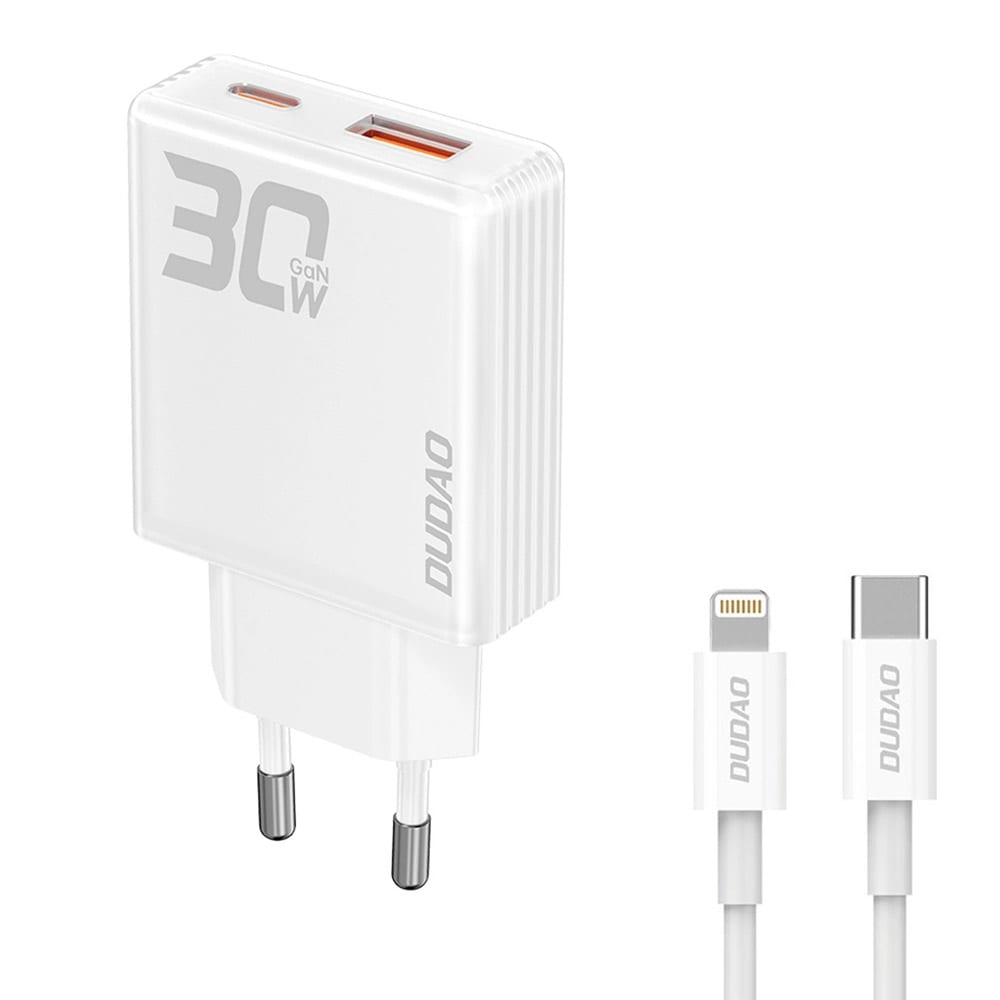 Dudao 30W GaN-hurtiglader med USB-A/USB-C og Lightning-kabel – hvit