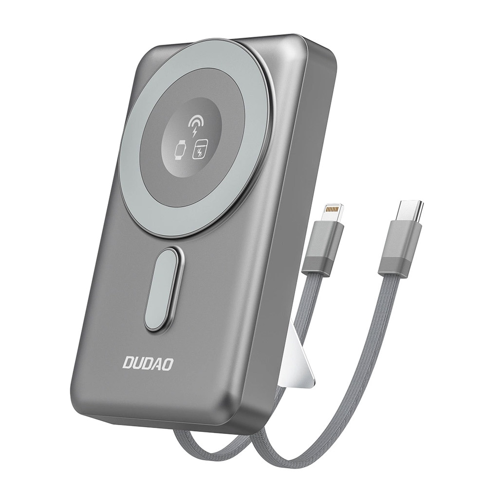 Dudao Powerbank 10000 mAh PD 20W med MagSafe, stativ og innebygde USB-kabler – Grå