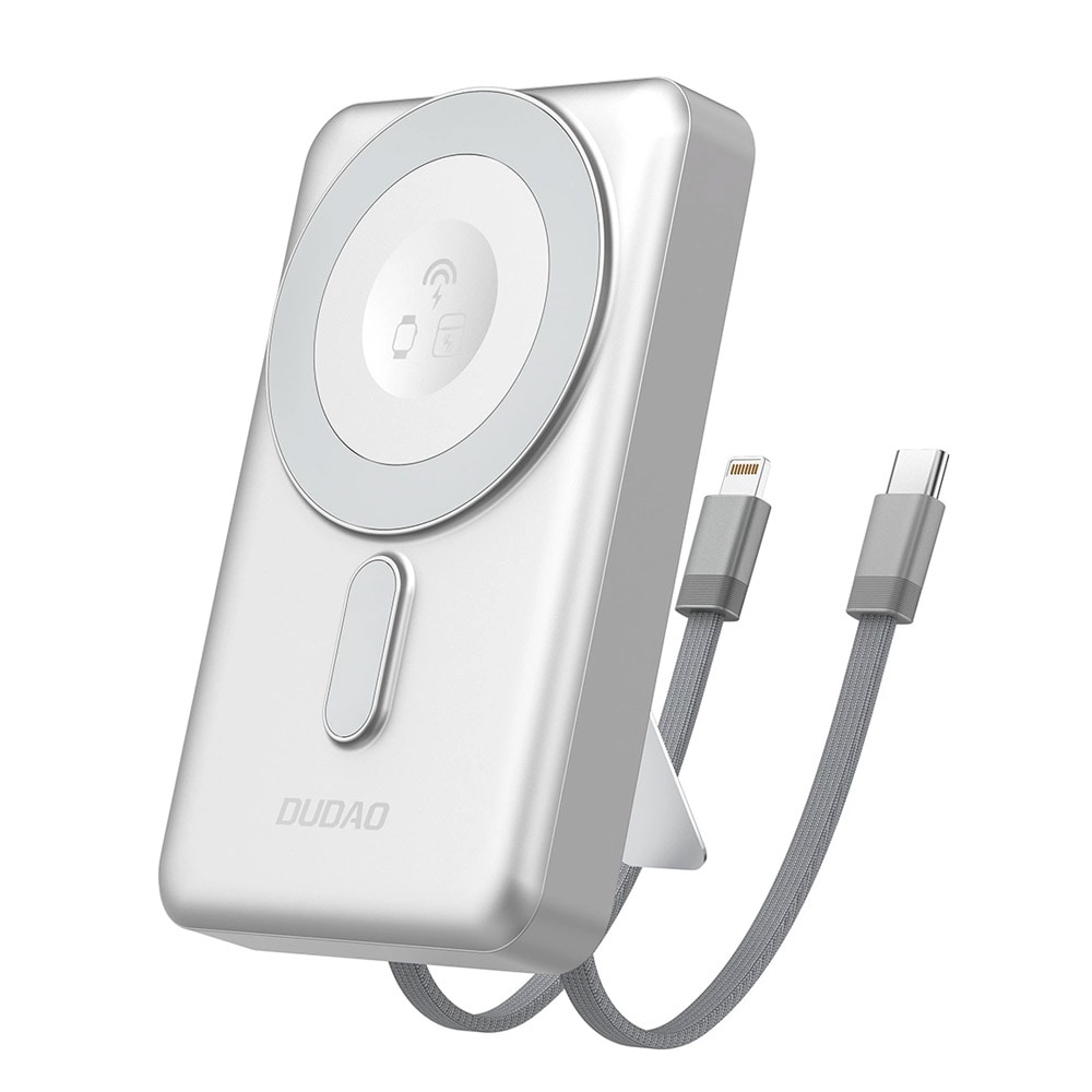 Dudao Powerbank 10000 mAh PD 20W med MagSafe, stativ og innebygde USB-kabler – Sølv