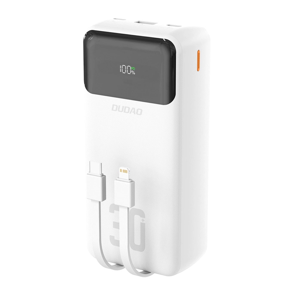 Dudao Powerbank 30 000 mAh med innebygde USB-kabler PD 22,5 W – Hvit