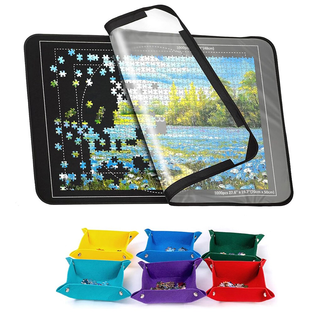 Puslespillmatte i filt med lokk og 6 sorteringsrom - for 1000 brikker