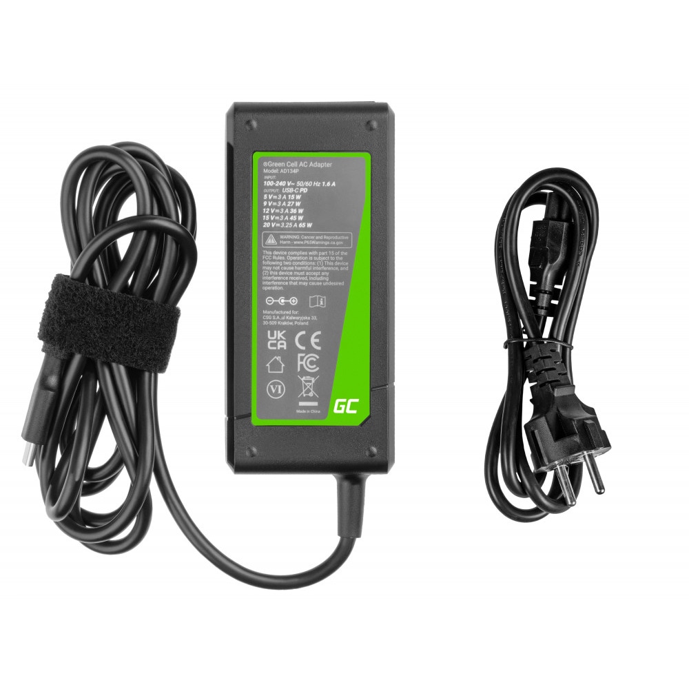 Green Cell PRO USB-C-lader 65 W for bærbar PC og nettbrett