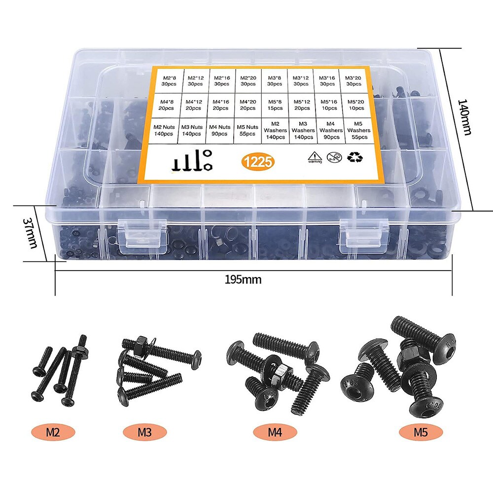 Boks med innvendige sekskantskruer, muttere og skiver 1225 stk. i karbonstål