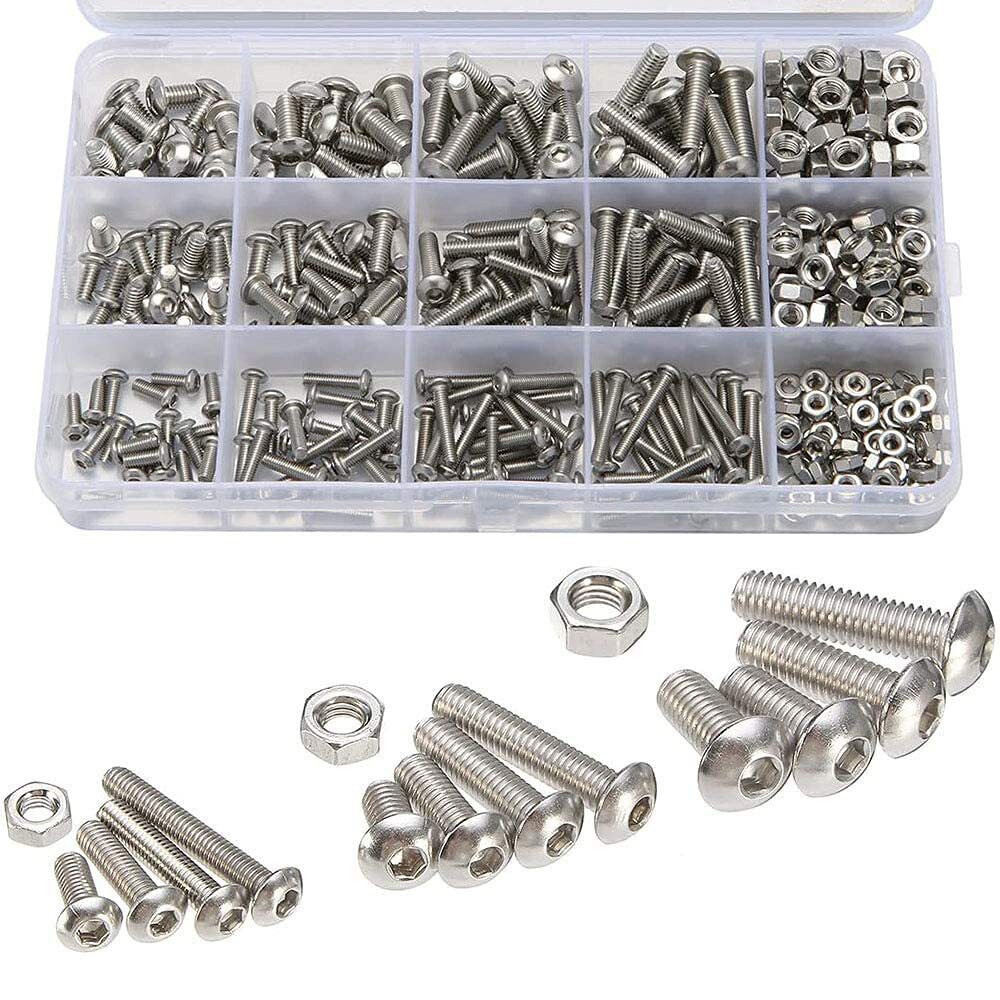 Boks med innvendige sekskantskruer, muttere og skiver 500 stk. i rustfritt stål