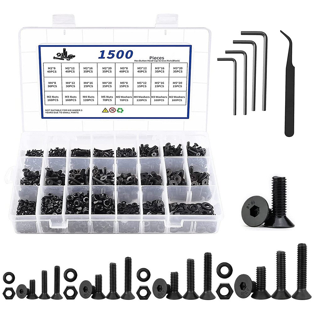 Boks med sekskantskruer, muttere og skiver 1500 stk. i legert stål