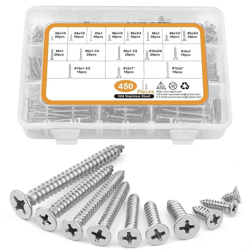 Boks med treskruer 450 stk. i rustfritt stål