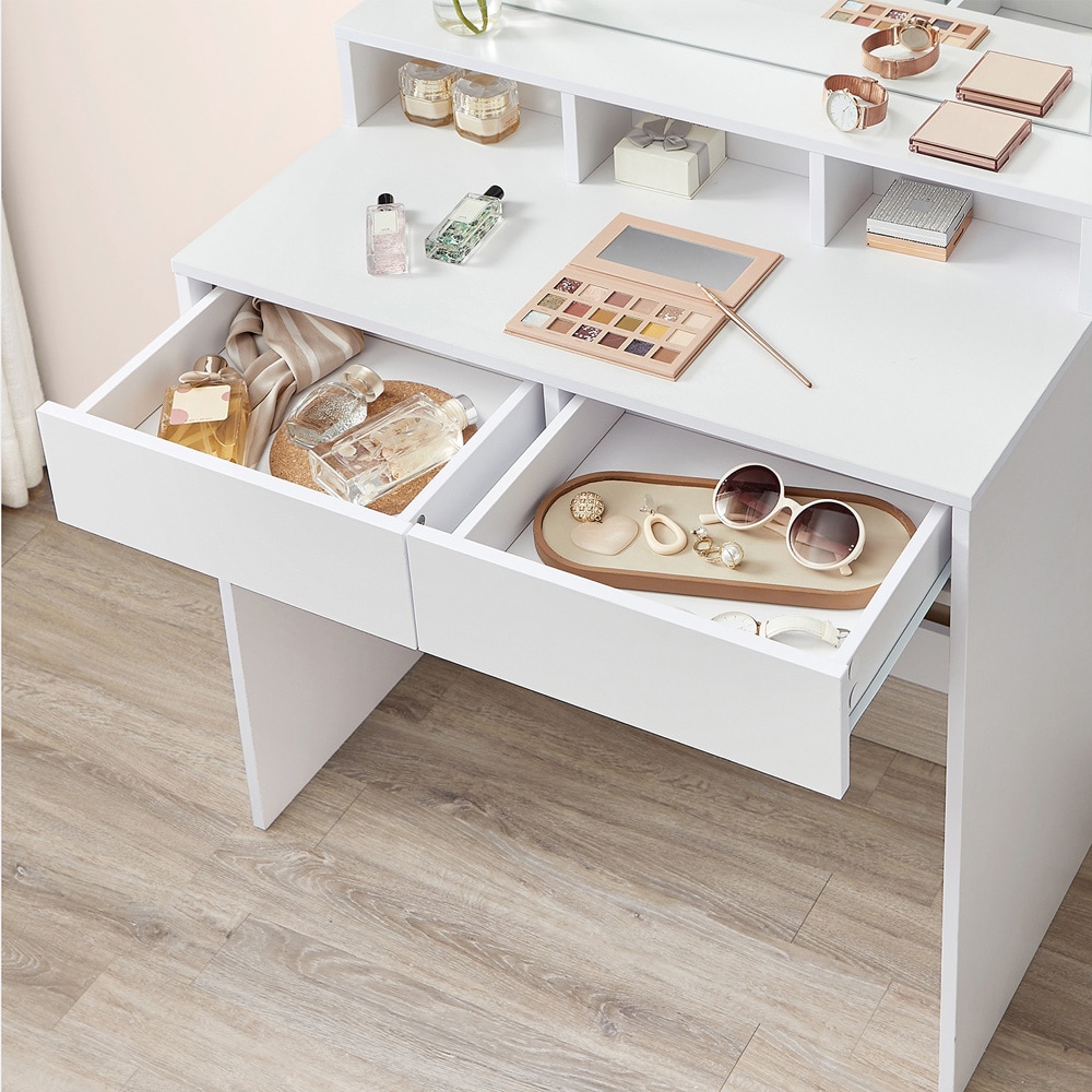 VASAGLE Hvitt Sminkebord med Speil og LED-belysning – 2 Skuffer og 3 Hyller