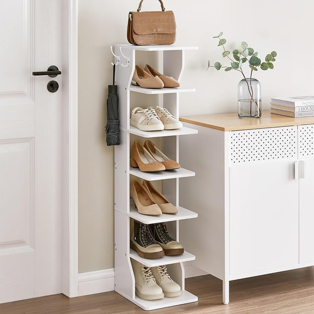 Smal skohylle med 7 hyller og kroker - Hvit