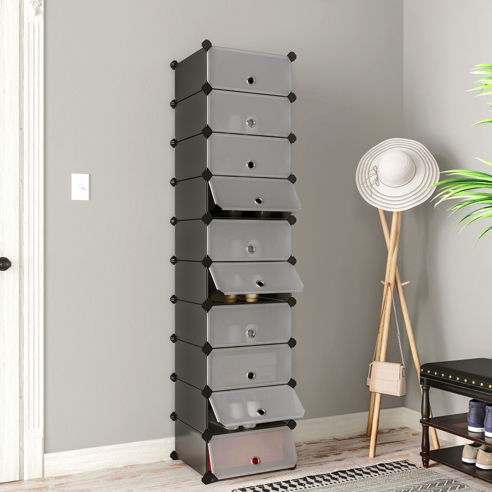Skoskap med 10 rom - modulær skohylle i svart plast