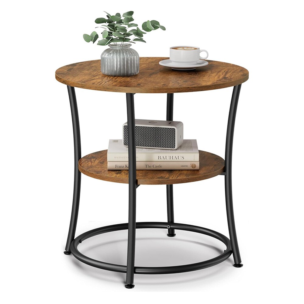 Rundt sidebord med 2 hyller - rustikk brun/svart