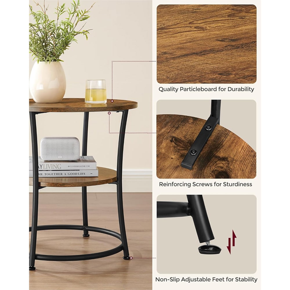 Rundt sidebord med 2 hyller - rustikk brun/svart