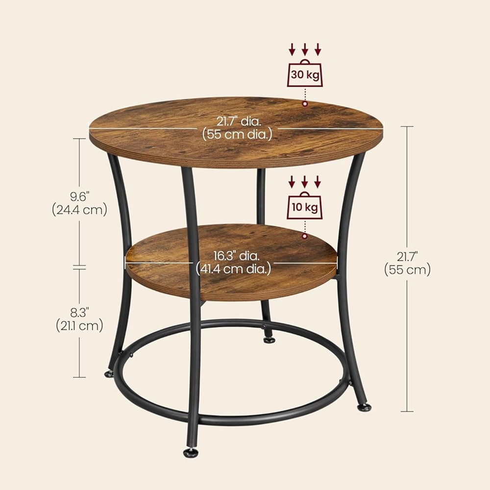 Rundt sidebord med 2 hyller - rustikk brun/svart