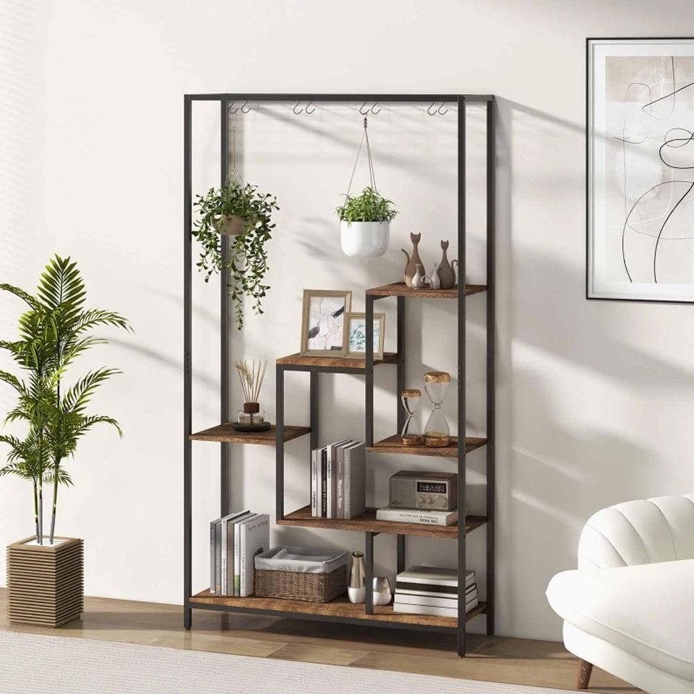 Plantestativ i metall med 6 hyller, 180 cm – Rustikk brun