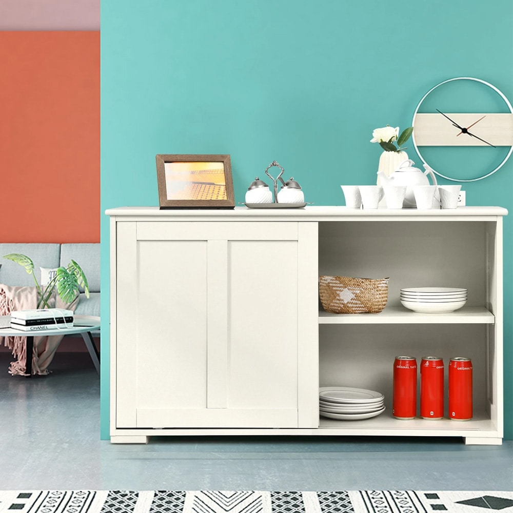 Oppbevaringsskap med skyvedør – 107 × 33 × 63 cm, kremhvit