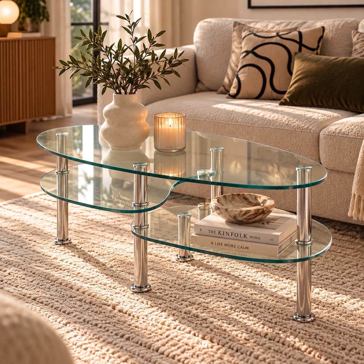 Ovalt salongbord i herdet glass