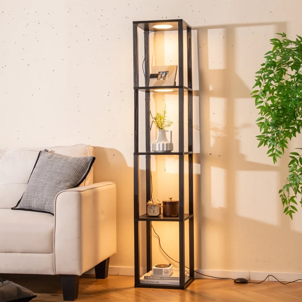 Gulvlampe med hyller og dimbart LED-lys
