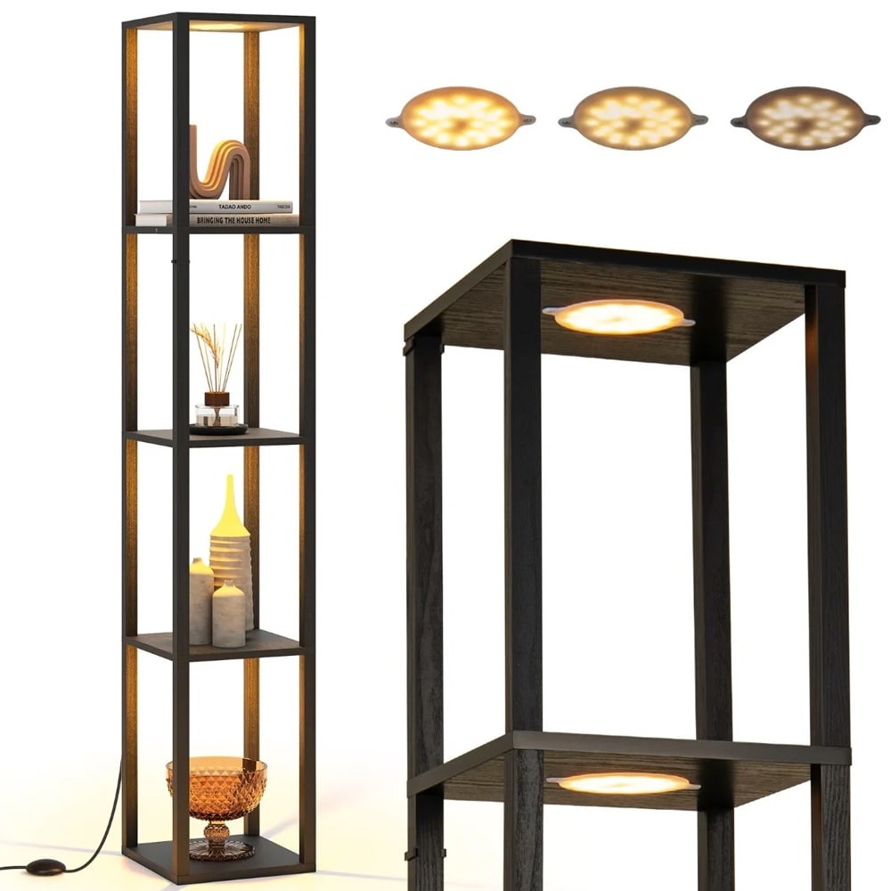 Gulvlampe med hyller og dimbart LED-lys