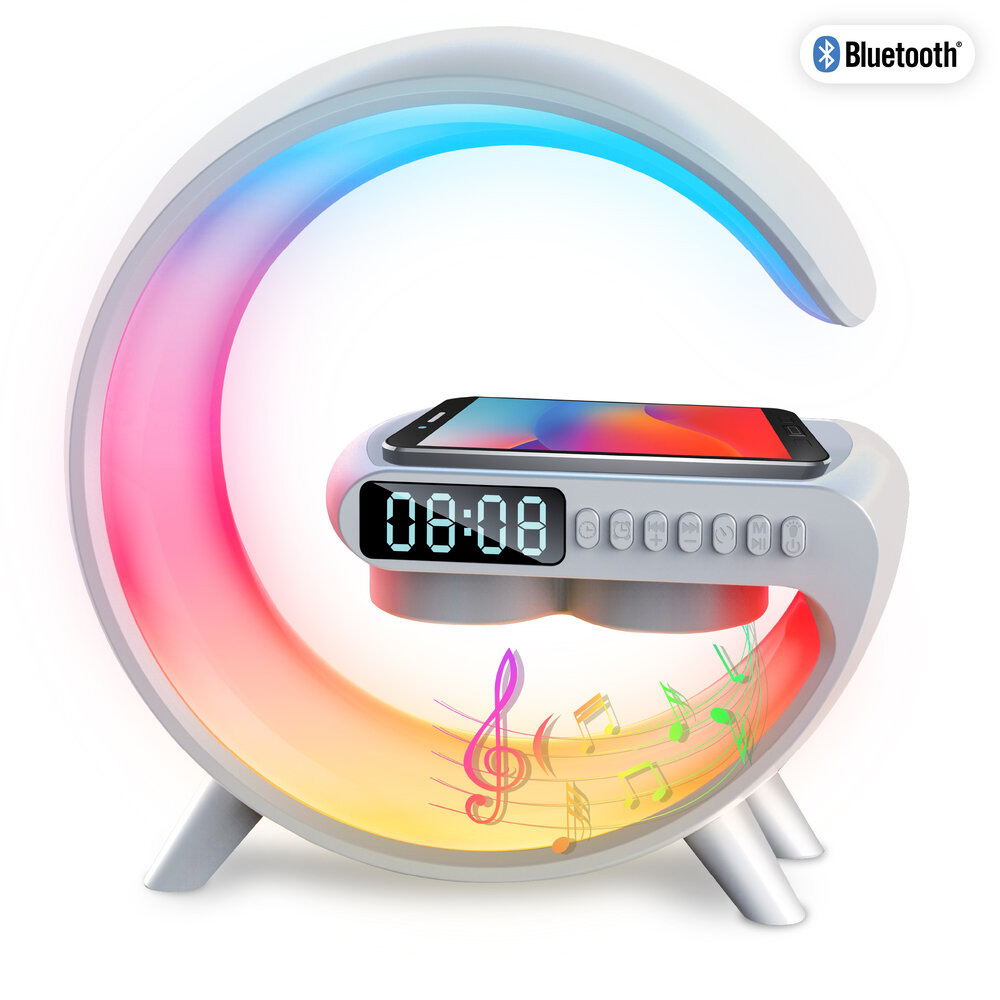 PartyFunLights vekkerklokke med høyttaler og trådløs mobillader