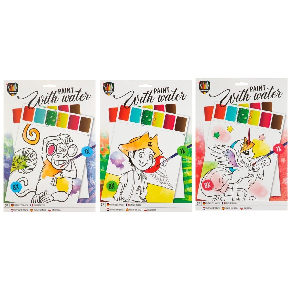 Vannfargebilder A4 med pensel – 8 motiver for barn fra 3 år