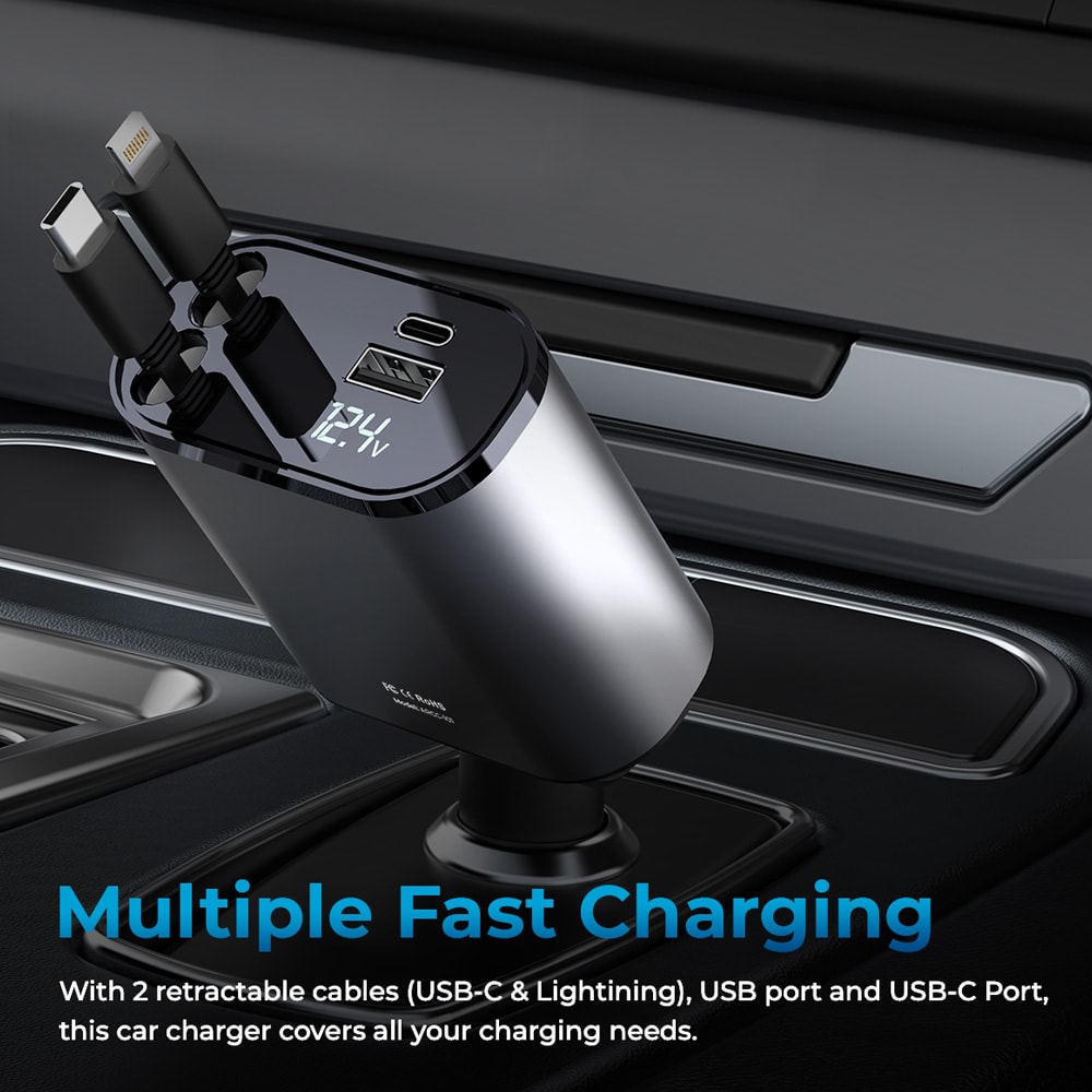 AutoSky 4-i-1 billader med uttrekkbare Lightning- og USB-C-kabler