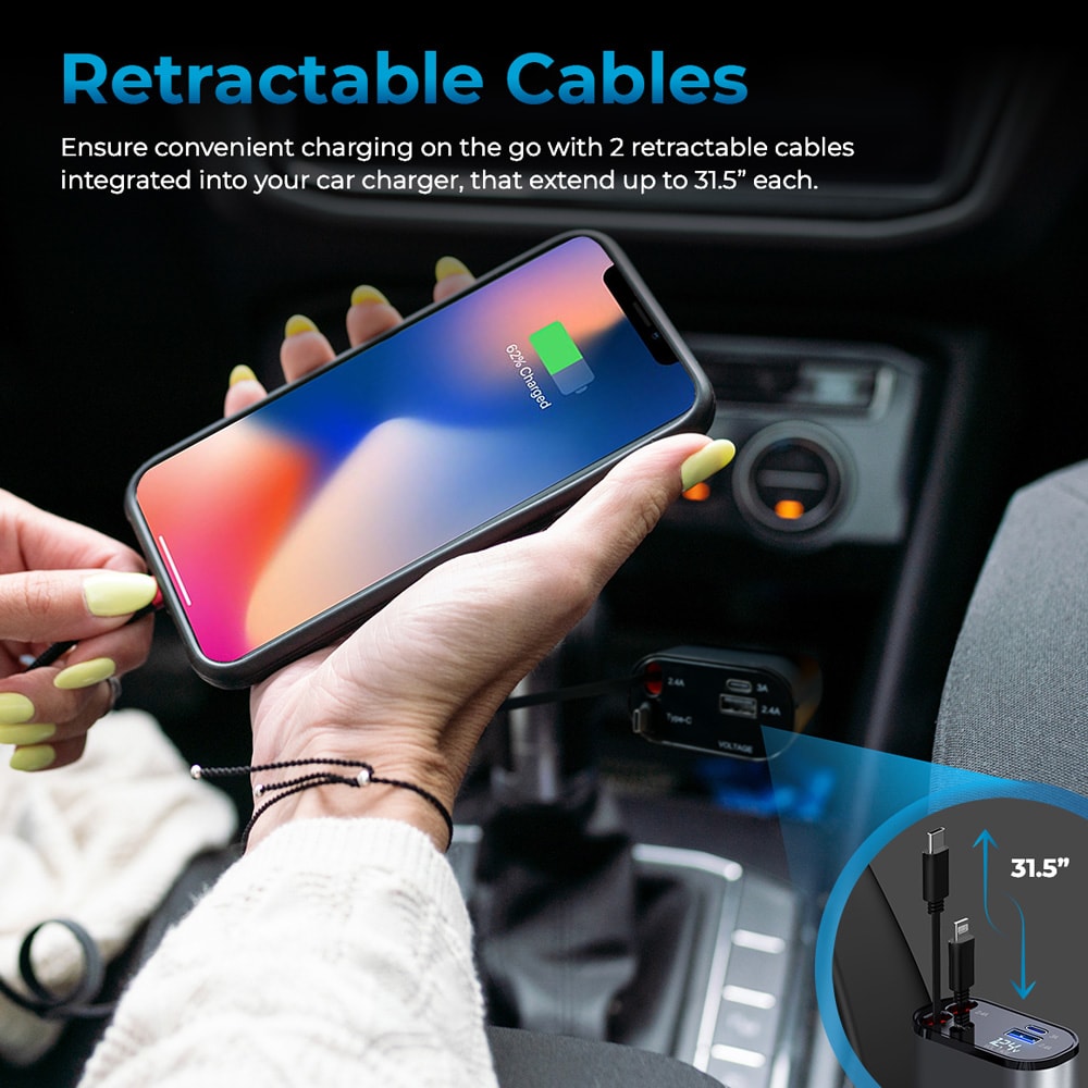 AutoSky 4-i-1 billader med uttrekkbare Lightning- og USB-C-kabler