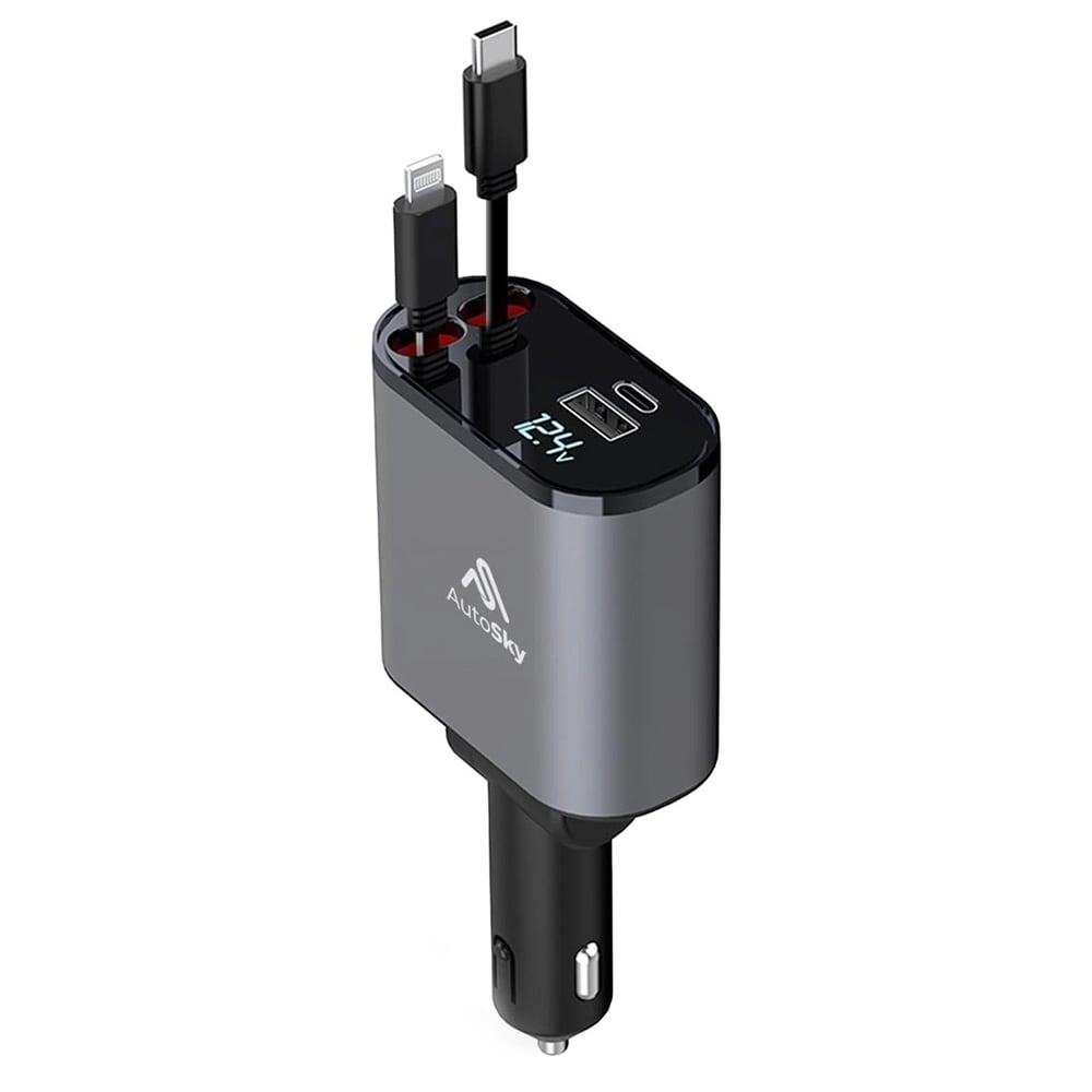 AutoSky 4-i-1 billader med uttrekkbare Lightning- og USB-C-kabler